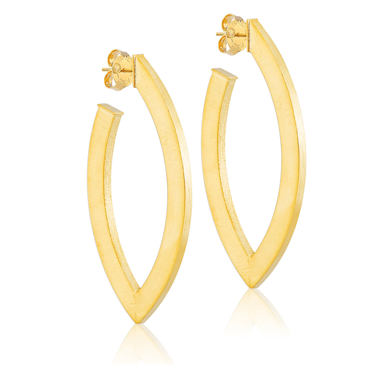 Sheila Fajl brushed Gold v-shape hoop earrings on a white background