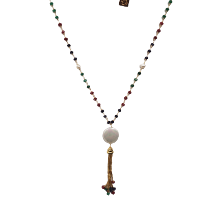 Stone Beaded Necklace with oval Stone on Large Tassel *C-8-LC-G*