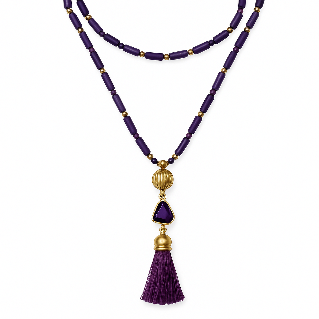 Purple Bead and Tassel Statement Necklace