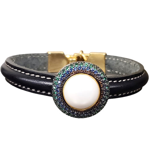 Pearl and CZs on Leather Bracelet