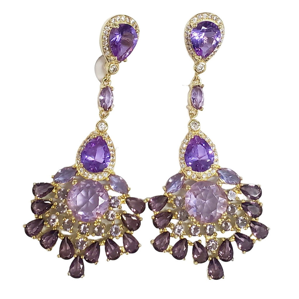 Platinum plated pearl and cz earrings with purple stone drop -