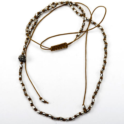Long Metal Beads Knotted Cord Shambala Necklace